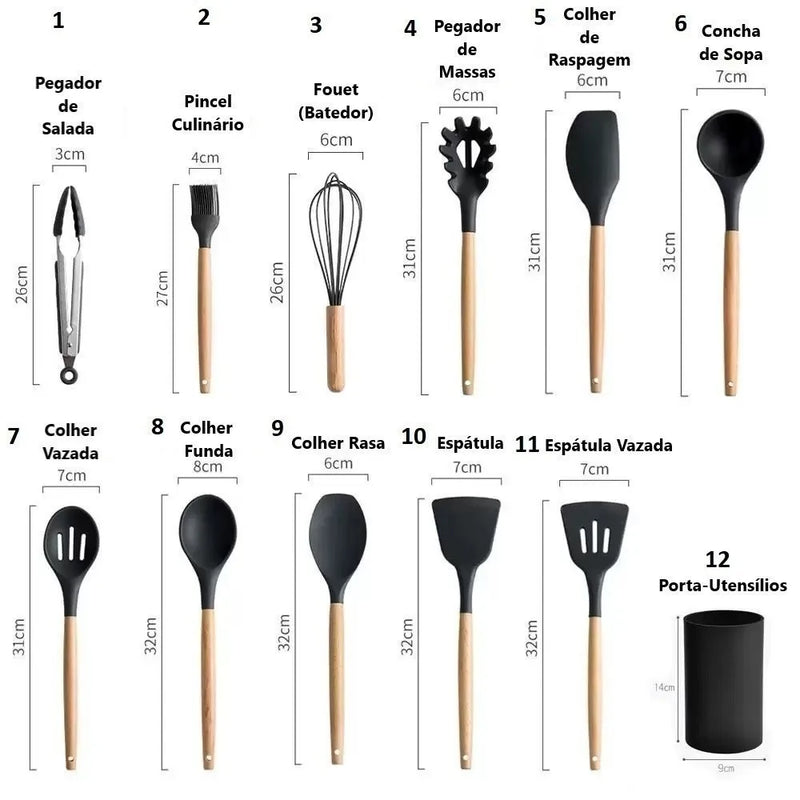 Kit Conjunto Cozinha C/12 Peças Silicone Utensílios Cozinha Cozinha Suporte Su Cabo Madeira