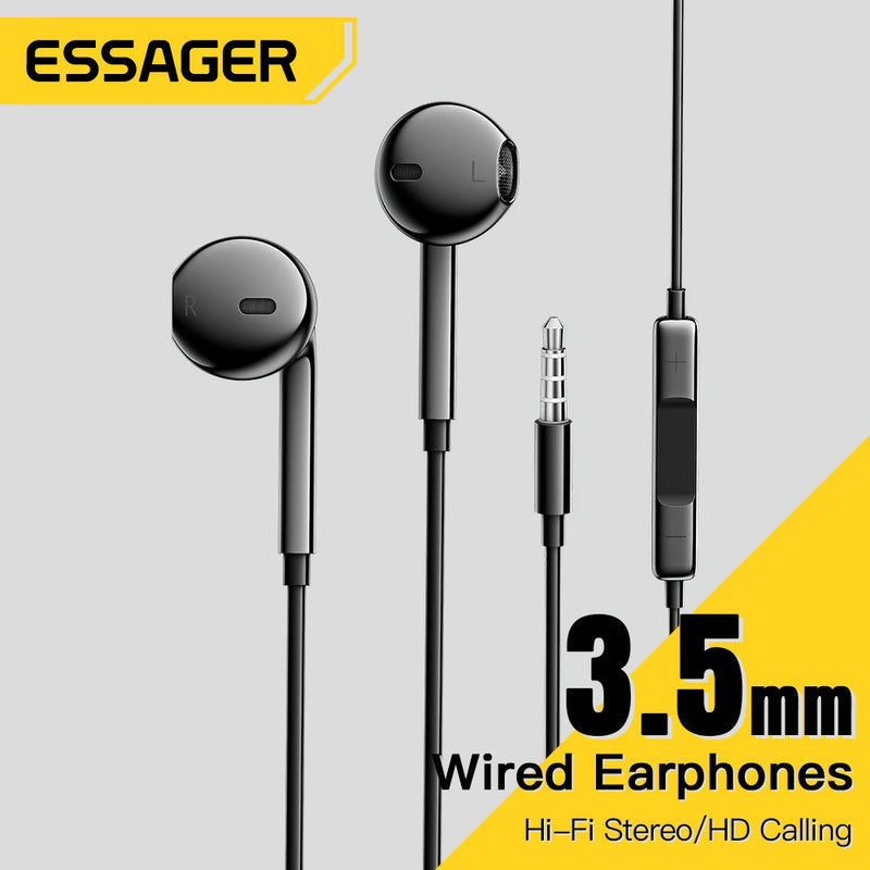 Essager 3,5 mm Fones de ouvido com fio Fones de ouvido intra-auriculares Fones de ouvido com fio com microfone Fones de ouvido estéreo Controle em linha esportivo para telefones