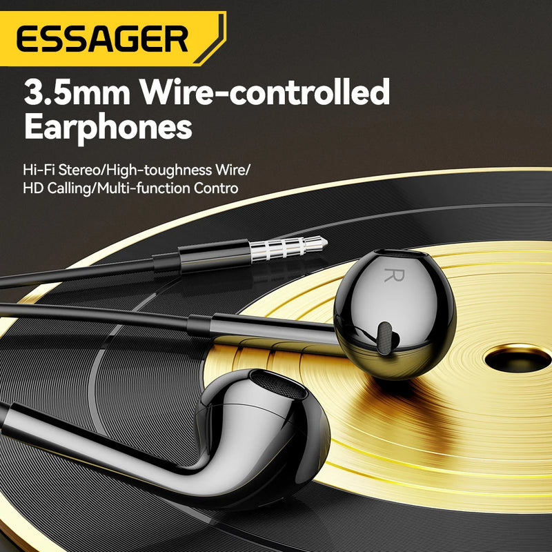 Essager 3,5 mm Fones de ouvido com fio Fones de ouvido intra-auriculares Fones de ouvido com fio com microfone Fones de ouvido estéreo Controle em linha esportivo para telefones