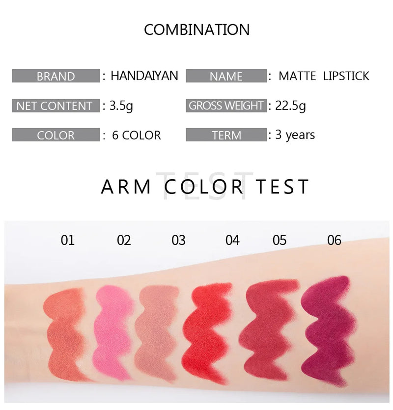 Handaiyan 6 cores fosco à prova d'água veludo nude batom sexy vermelho marrom pigmentos maquiagem de longa duração profissional